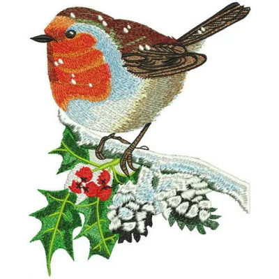 Embroidery design featuring a robin perched on a holly branch, showcasing vibrant colors and detailed stitching patterns.
