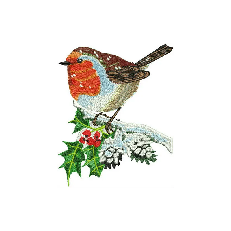 Embroidery design featuring a robin perched on a holly branch, showcasing vibrant colors and detailed stitching patterns.