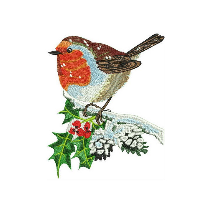 Robin on holly branch embroidery design - Embroidery Design