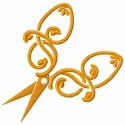 Intricate scissors and leaf motif embroidery design, ideal for adding charm to crafting projects like tote bags and aprons.