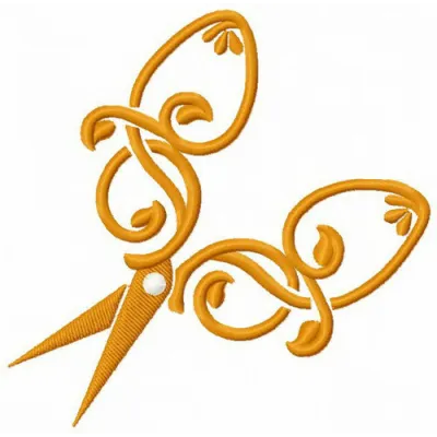Intricate scissors and leaf motif embroidery design, ideal for adding charm to crafting projects like tote bags and aprons.