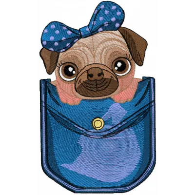 Embroidery design featuring a cute pug dog peeking out of a jeans pocket, perfect for pet lovers.