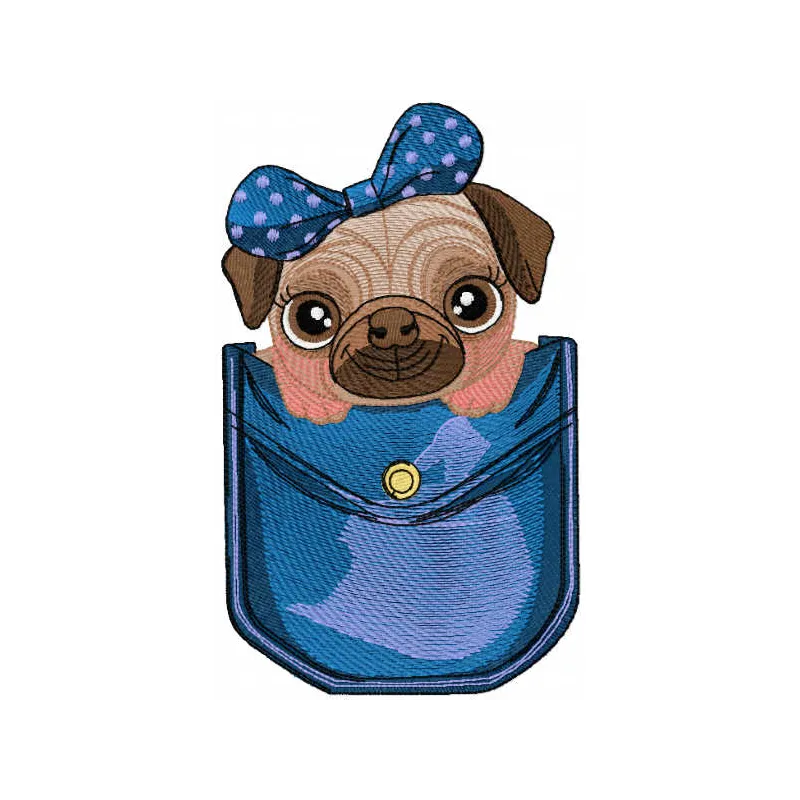 Embroidery design featuring a cute pug dog peeking out of a jeans pocket, perfect for pet lovers.