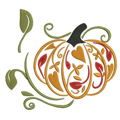Fancy pumpkin embroidery design showcasing intricate details, perfect for autumn-themed projects and fall decorations.