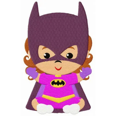 Baby Batwoman embroidery design showcasing a playful superhero motif, perfect for stitching on baby onesies or blankets.