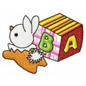 Embroidery design preview of a small cube and bunny toy, showcasing playful stitched motifs for children's toys.
