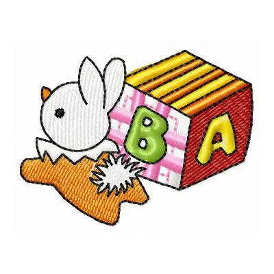 Embroidery design preview of a small cube and bunny toy, showcasing playful stitched motifs for children's toys.