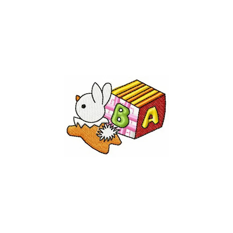 Embroidery design preview of a small cube and bunny toy, showcasing playful stitched motifs for children's toys.