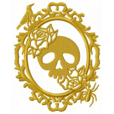 Old photoframe embroidery design featuring skull and bones, ideal for unique stitching projects on various fabrics.