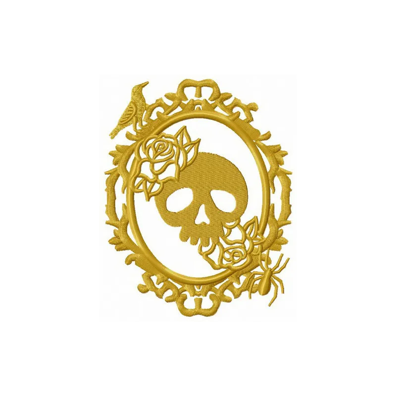 Old photoframe embroidery design featuring skull and bones, ideal for unique stitching projects on various fabrics.