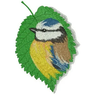Tree leaf with birdie embroidery design showcasing intricate stitching patterns for nature-themed projects.