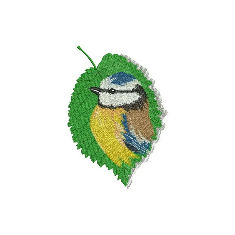 Tree leaf with birdie embroidery design showcasing intricate stitching patterns for nature-themed projects.
