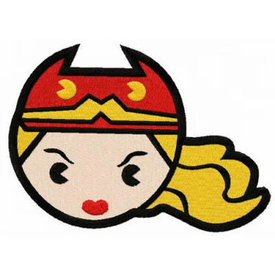 Chibi Wonder Woman head embroidery design showcasing a cute superhero motif for creative stitching projects.