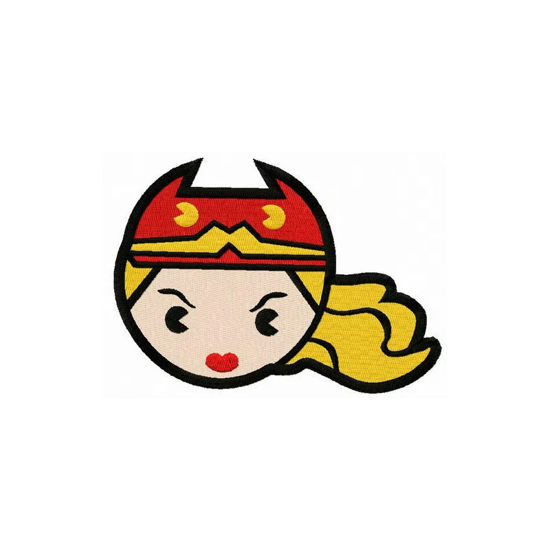 Chibi Wonder Woman head embroidery design showcasing a cute superhero motif for creative stitching projects.