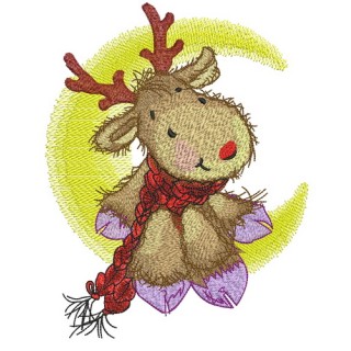 Deer in red knitted scarf on moon embroidery design - Embroidery Design