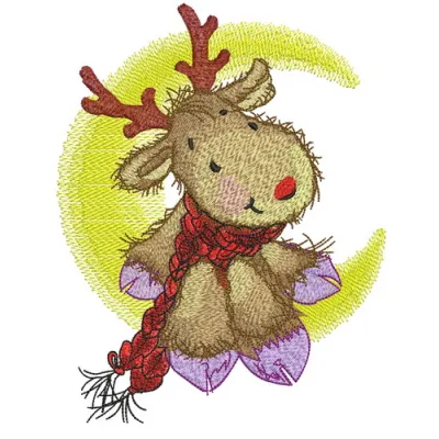 Embroidery design featuring a deer wearing a red knitted scarf against a moon backdrop, perfect for woodland-themed projects.