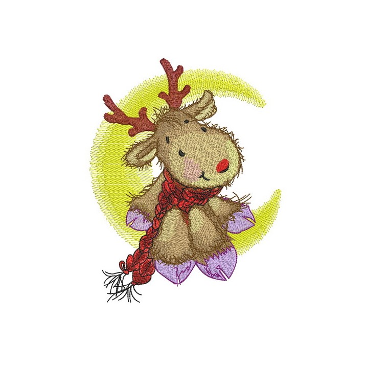 Deer in red knitted scarf on moon embroidery design - Embroidery Design