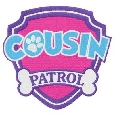 Cousin Patrol embroidery design featuring playful motifs inspired by Paw Patrol characters, perfect for kids' apparel.