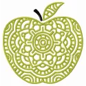 Decorative green apple embroidery design featuring intricate details, perfect for embellishing kitchen towels or aprons.