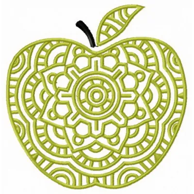 Decorative green apple embroidery design featuring intricate details, perfect for embellishing kitchen towels or aprons.