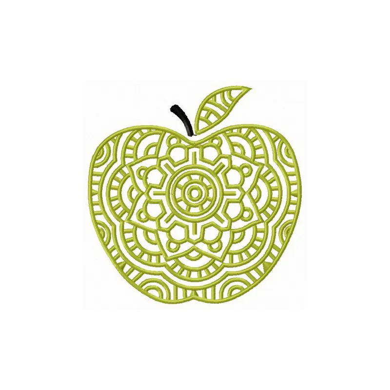 Decorative green apple embroidery design featuring intricate details, perfect for embellishing kitchen towels or aprons.