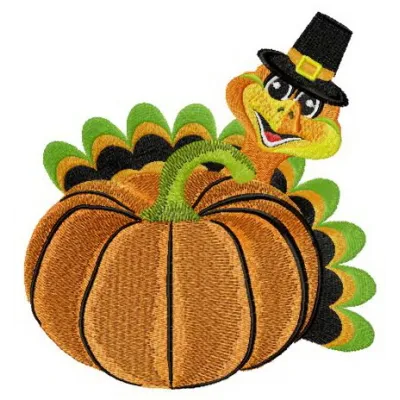Pumpkin and turkey embroidery design showcasing autumn motifs for festive stitching projects.