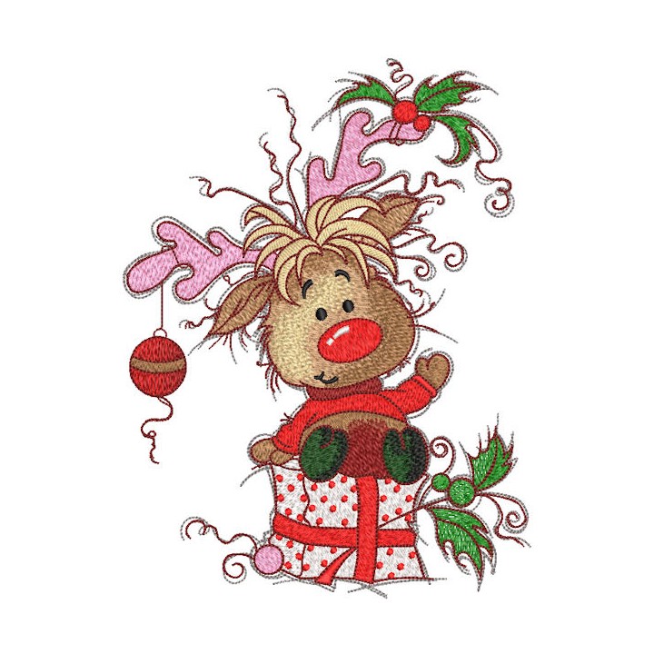Happy fawn with Christmas gift embroidery design - Embroidery Design