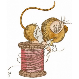 Mouse sitting on spool of threads embroidery design - Embroidery Design