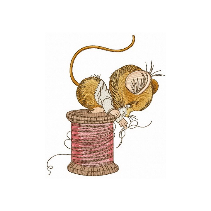 Mouse sitting on spool of threads embroidery design - Embroidery Design