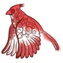 Flying northern cardinal embroidery design showcasing a vibrant bird motif, ideal for stitching on apparel and home decor.