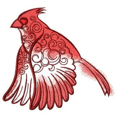 Flying northern cardinal embroidery design showcasing a vibrant bird motif, ideal for stitching on apparel and home decor.