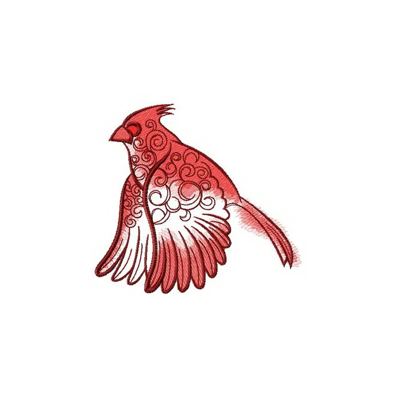 Flying northern cardinal embroidery design showcasing a vibrant bird motif, ideal for stitching on apparel and home decor.