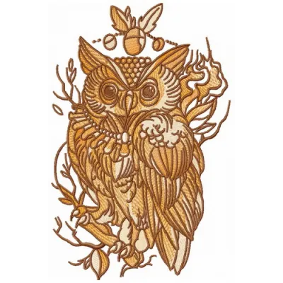 Wise owl perched on a tree branch embroidery design, showcasing intricate stitching details for creative projects.