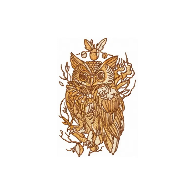 Wise owl perched on a tree branch embroidery design, showcasing intricate stitching details for creative projects.