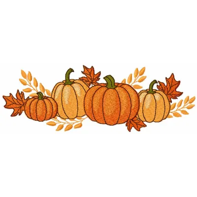 Four fall pumpkins embroidery design showcasing vibrant autumn colors for festive stitching projects.