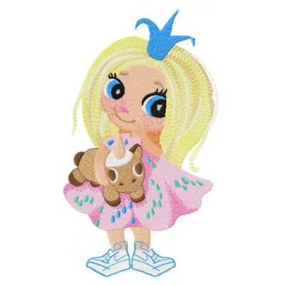 Embroidery design featuring a little princess with a unicorn toy, ideal for stitching on baby onesies or pillows.