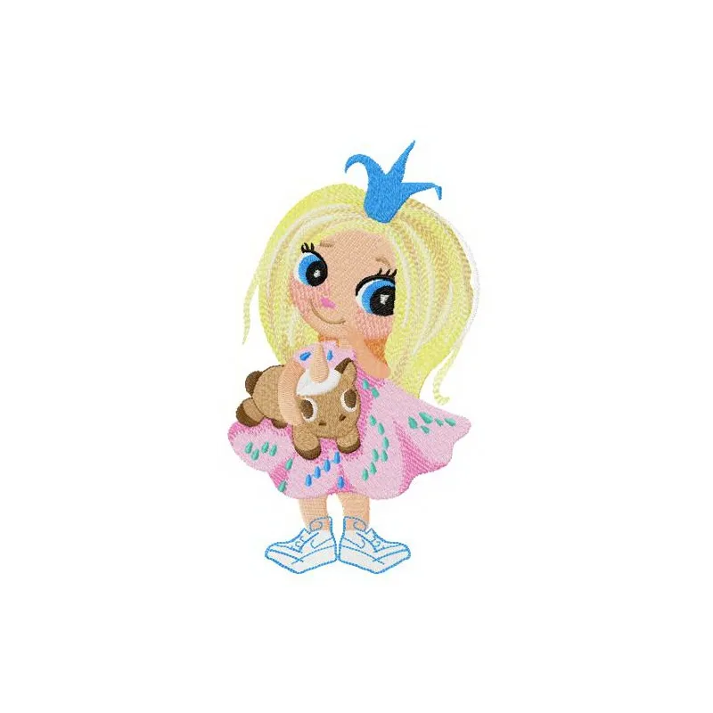 Embroidery design featuring a little princess with a unicorn toy, ideal for stitching on baby onesies or pillows.