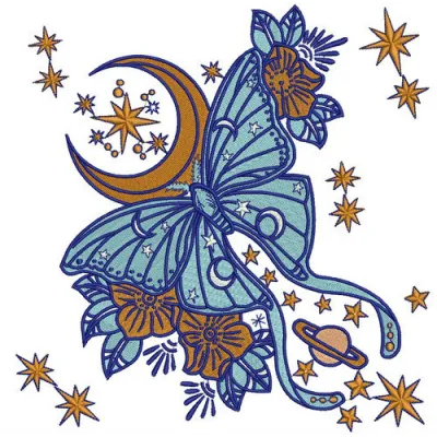Preview of a space butterfly embroidery design showcasing vibrant colors and intricate stitching patterns.