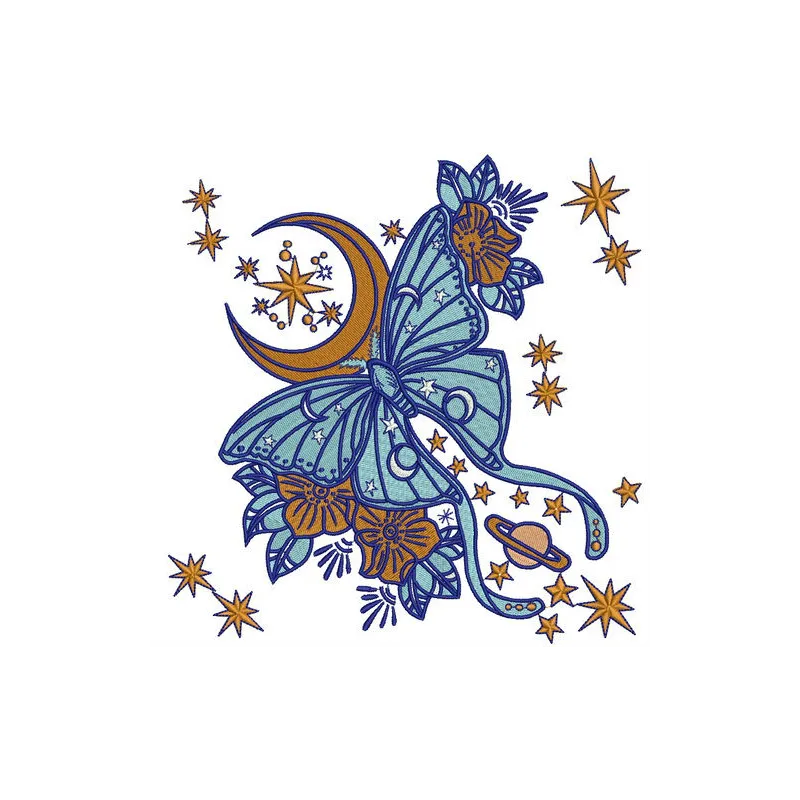Preview of a space butterfly embroidery design showcasing vibrant colors and intricate stitching patterns.