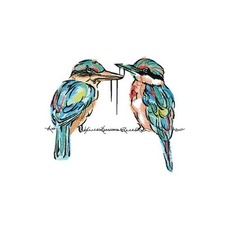 Embroidery design featuring a couple of shrikes, showcasing intricate details for creative projects.