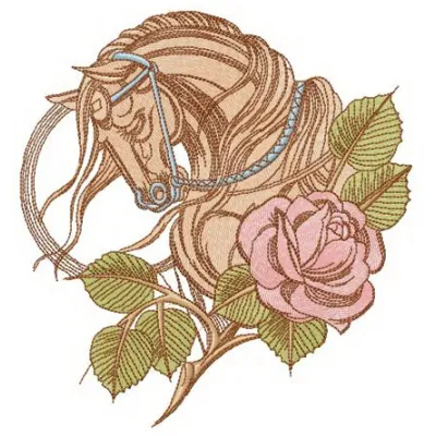 Tired horse and rose embroidery design showcasing a serene horse with a floral motif for stitching on fabric.