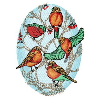 Flock of bullfinches on rowan embroidery design - Embroidery Design