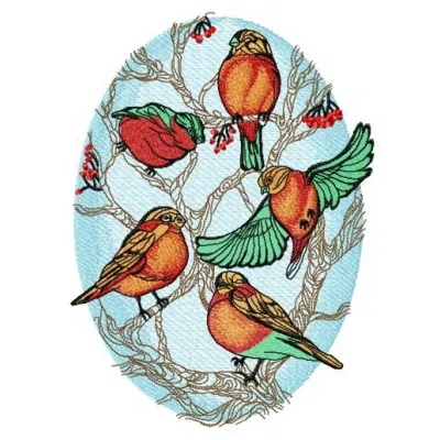 Embroidery design of a flock of bullfinches perched on rowan branches, showcasing vibrant colors and intricate details.