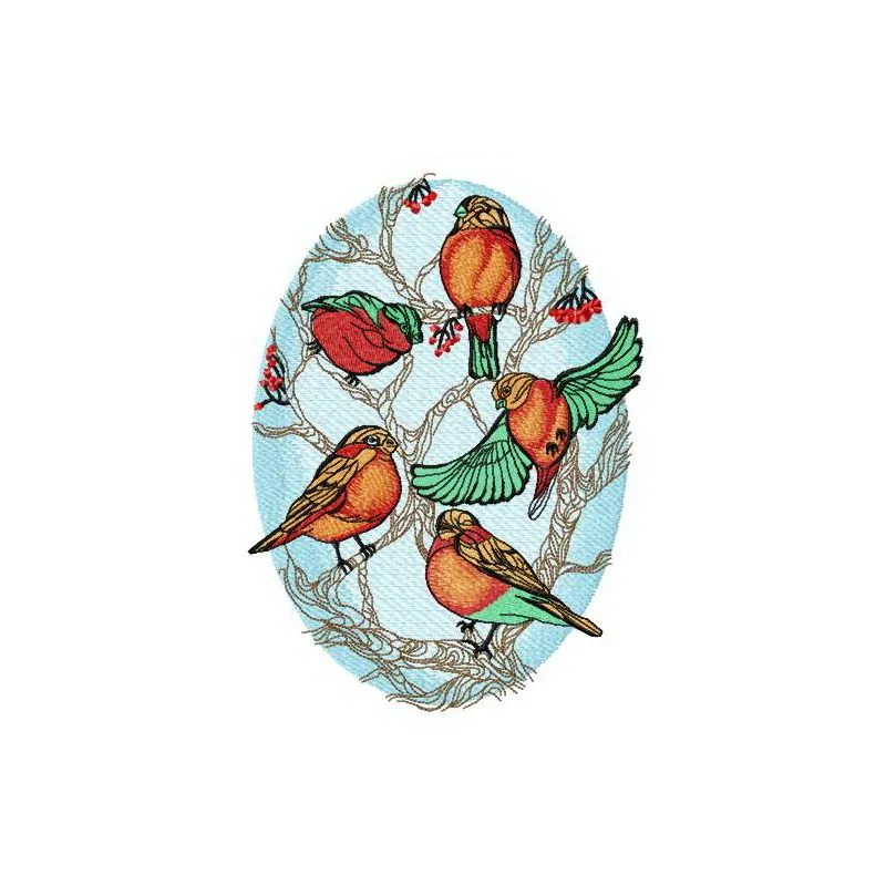 Embroidery design of a flock of bullfinches perched on rowan branches, showcasing vibrant colors and intricate details.