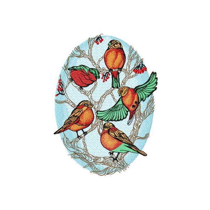 Flock of bullfinches on rowan embroidery design - Embroidery Design