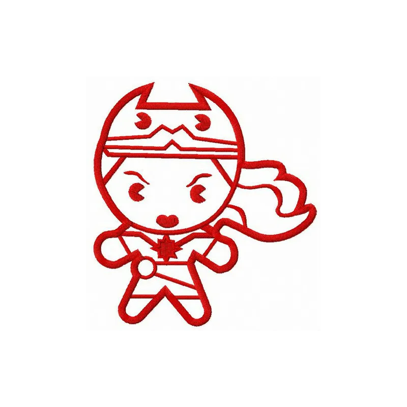 Small chibi Wonder Woman embroidery design showcasing a cute superhero motif for creative stitching projects.