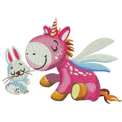 Dreamy unicorn and bunny embroidery design showcased on a fabric, perfect for creating whimsical stitched motifs.