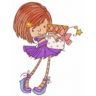 Girl with spoty gift box embroidery design - Embroidery Design