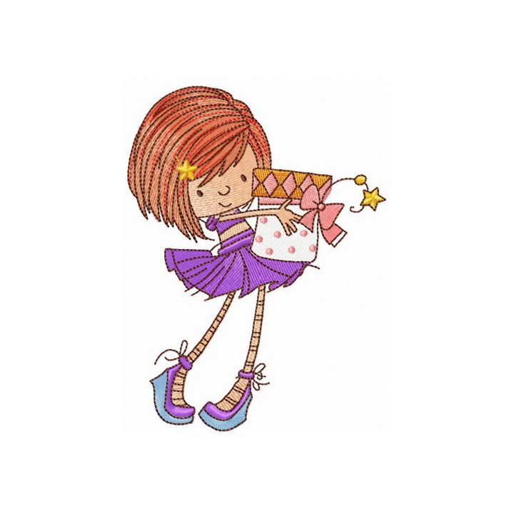 Girl with spoty gift box embroidery design - Embroidery Design