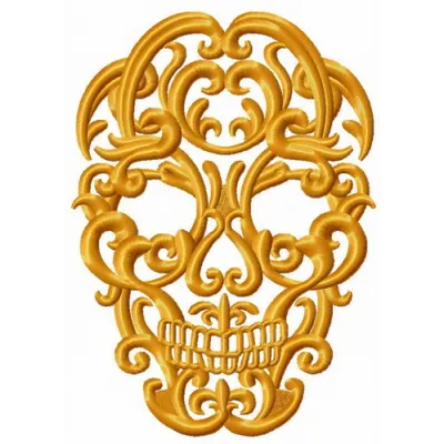 Ornate skull embroidery design featuring intricate details, perfect for stitching on apparel and accessories.